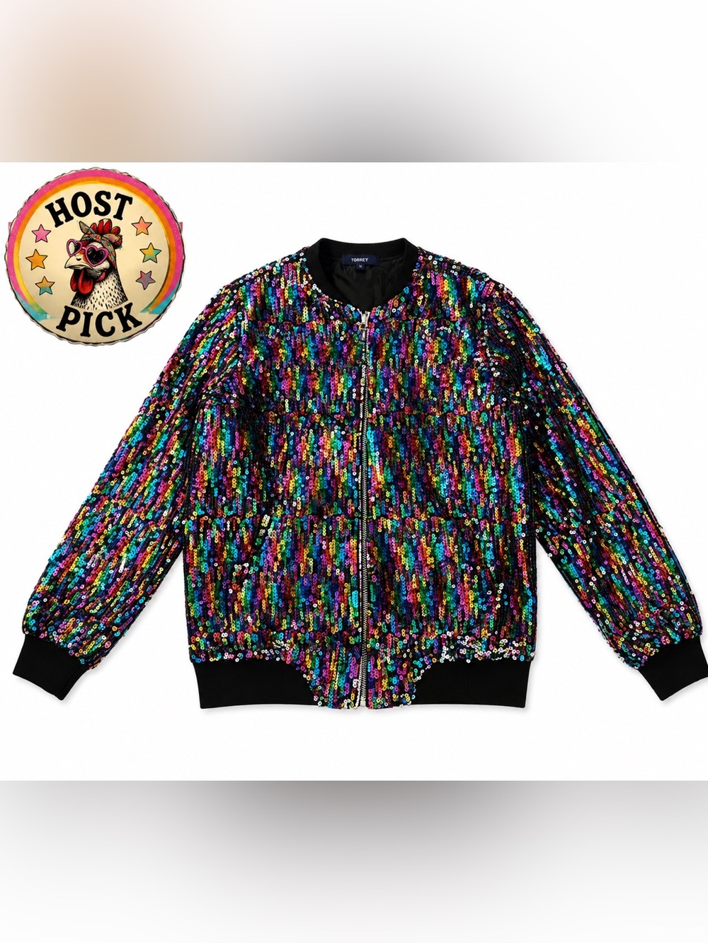 Torrey Rainbow Sequin Bomber Jacket L| Multicolor Sparkle Statement Jacket B